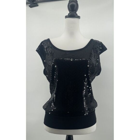 Velvet By Graham & Spencer Sequin Top Women's Small Black Party Cocktail Fairy‎ - Picture 1 of 8
